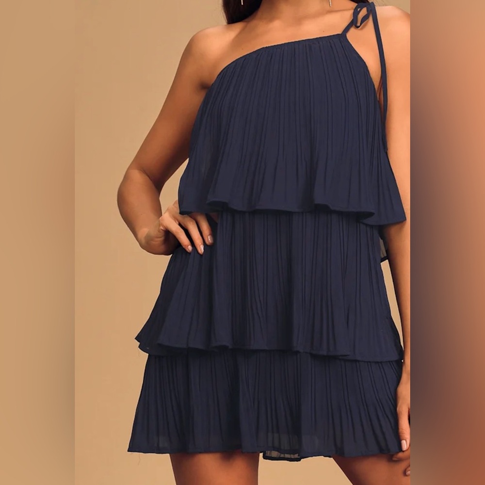 Blowing kisses navy blue pleated one-shoulder mini dress
